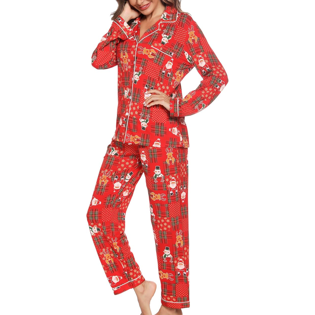 CozyCharm Kerst Pyjama Set – Zachte Dames Lounge Outfit met Knoopsluiting