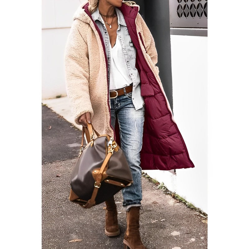 Lange Dames Winterjas Marlina – Dubbelzijdige Warme Mantel met Teddyvoering