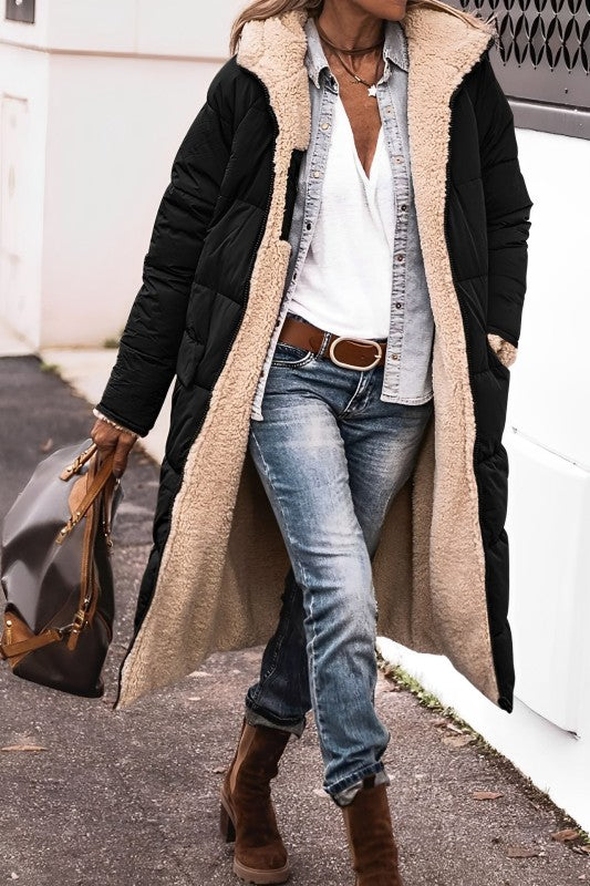 Lange Dames Winterjas Marlina – Dubbelzijdige Warme Mantel met Teddyvoering