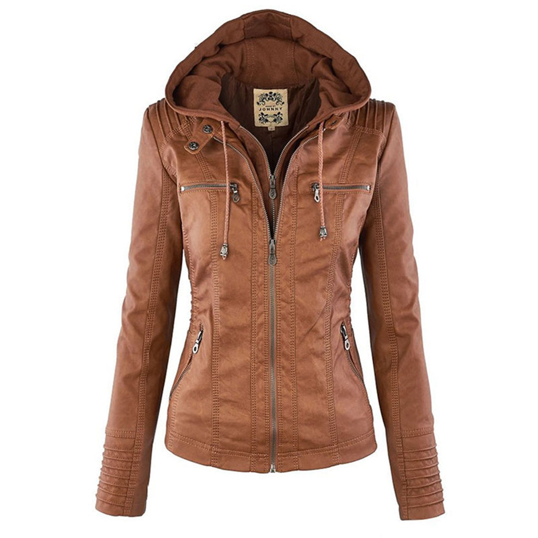 Trendy Dames Leren Jas Alesund – Zwarte PU Jas met Capuchon en Rits
