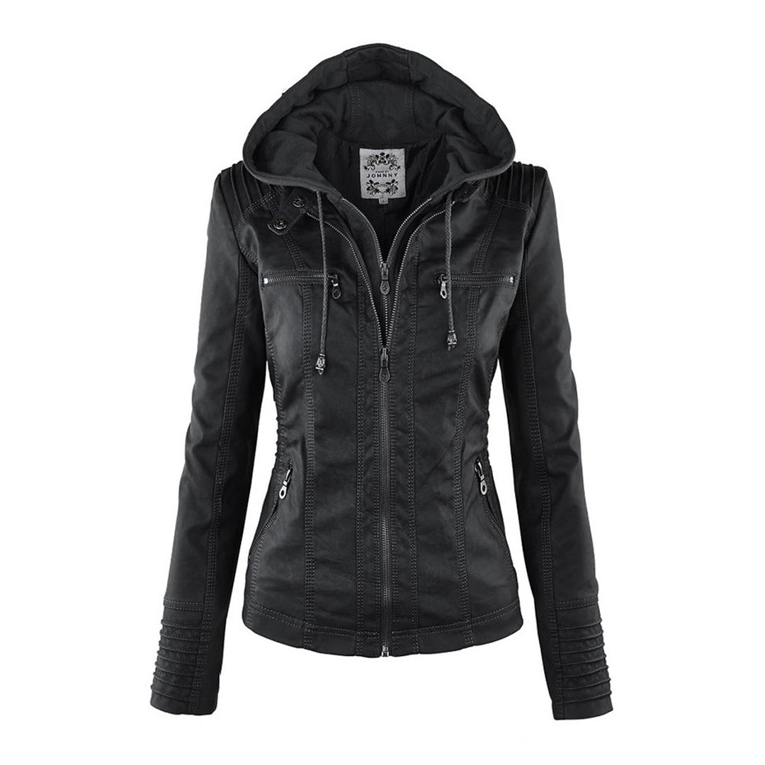 Trendy Dames Leren Jas Alesund – Zwarte PU Jas met Capuchon en Rits