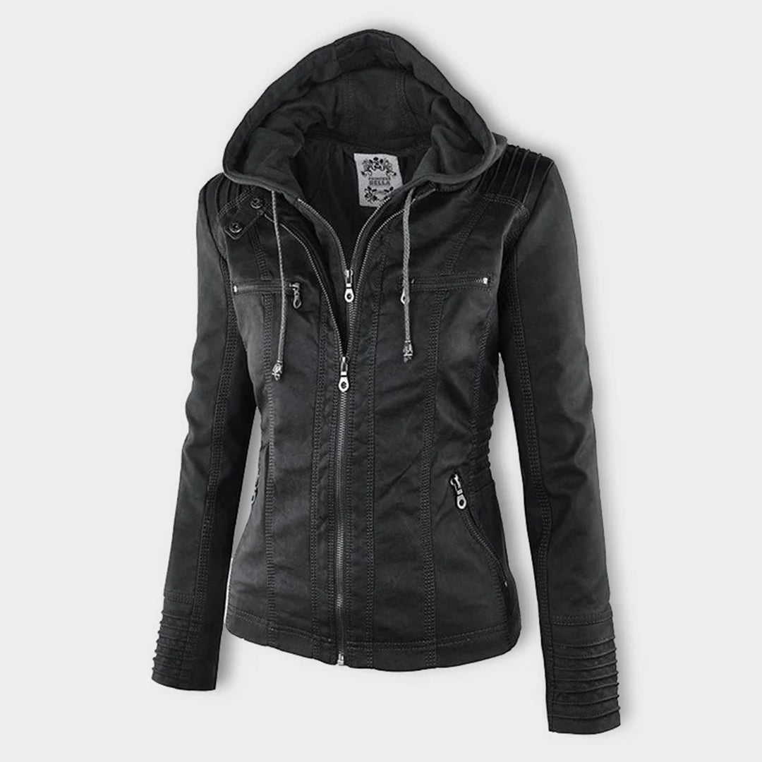 Trendy Dames Leren Jas Alesund – Zwarte PU Jas met Capuchon en Rits
