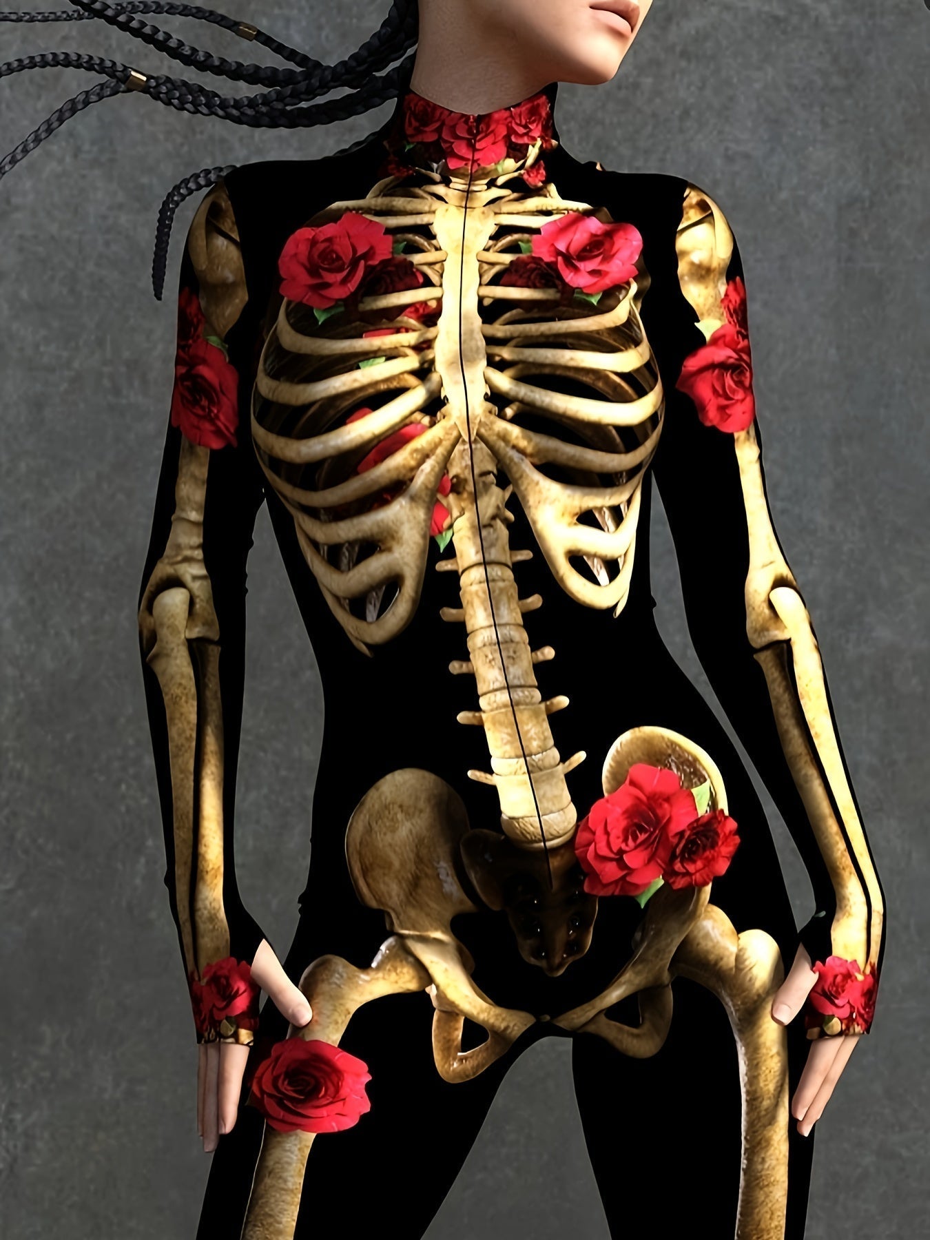 NightRose Halloween Skeletten Jumpsuit – Vrouwen Kostuum met Rozenaccenten