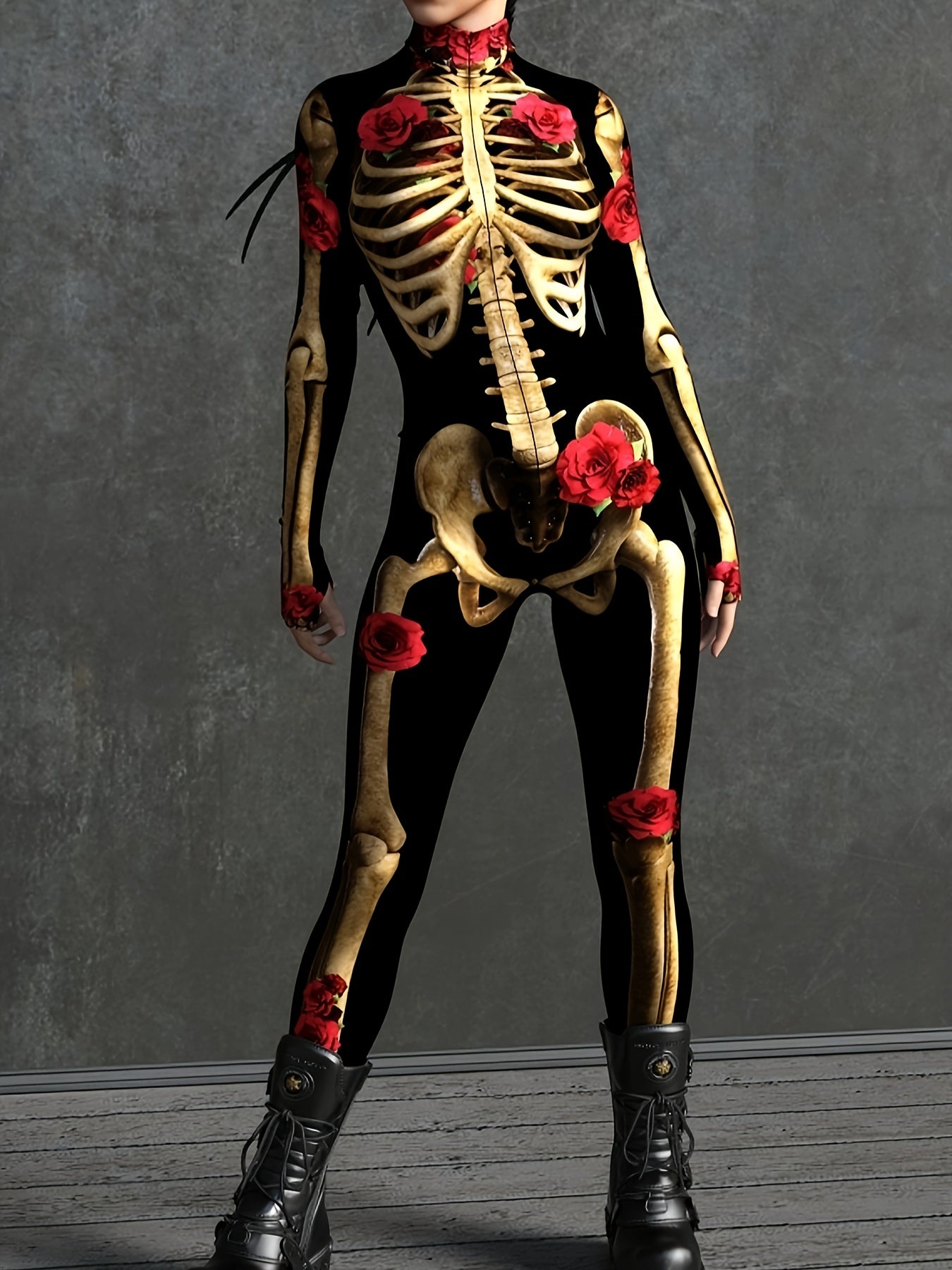 NightRose Halloween Skeletten Jumpsuit – Vrouwen Kostuum met Rozenaccenten