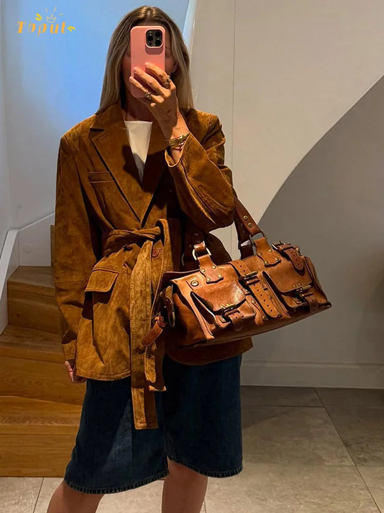 AutumnElegance Dames Suède Jas – Gecoat Model met Riem en Zakken