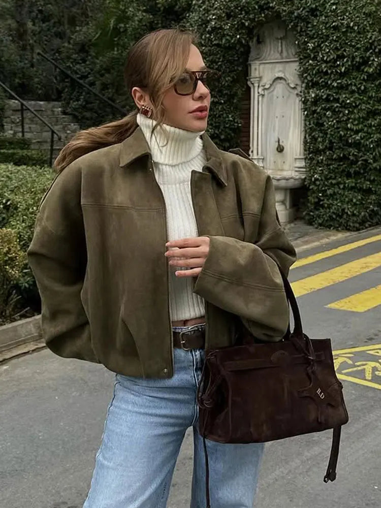 Suède Chic Dames Bomberjack – Bruin Groen Vintage Look