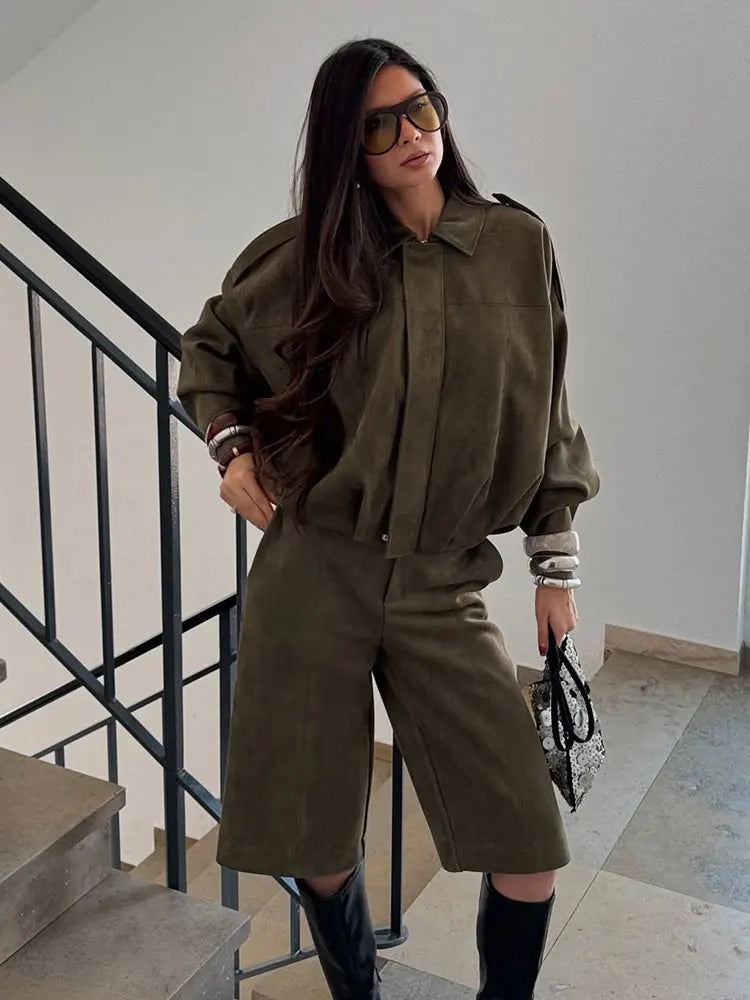 Suède Chic Dames Bomberjack – Bruin Groen Vintage Look
