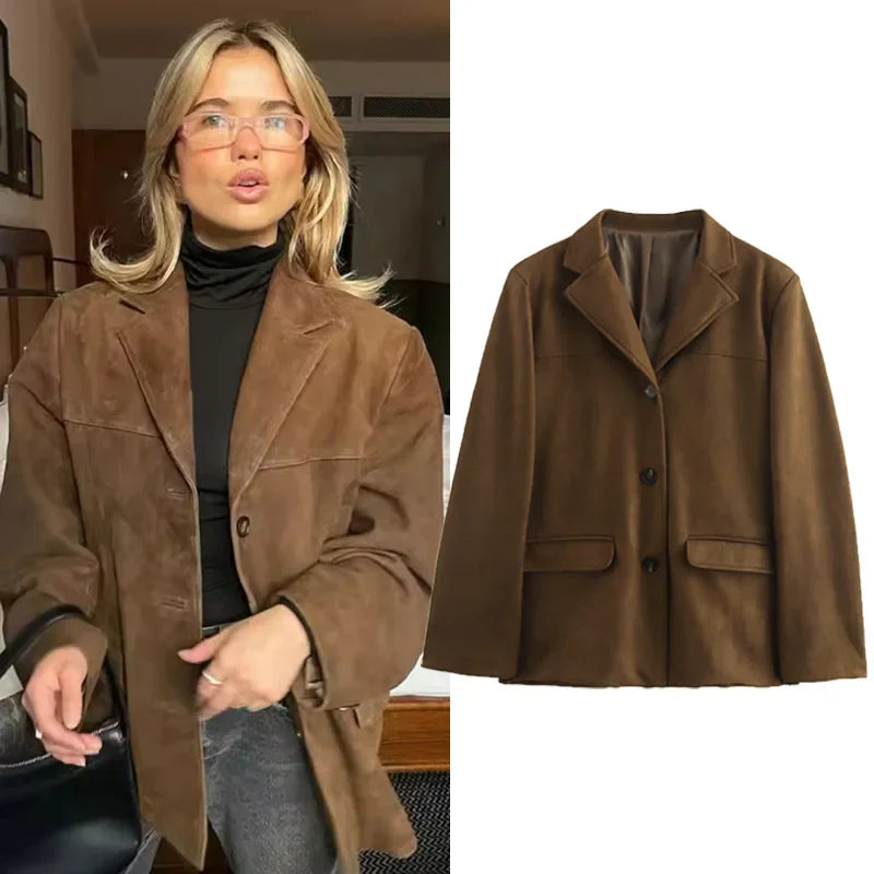 Suède Elegance Dames Jas – Vintage Bruin Leren Demi-Seizoen Look