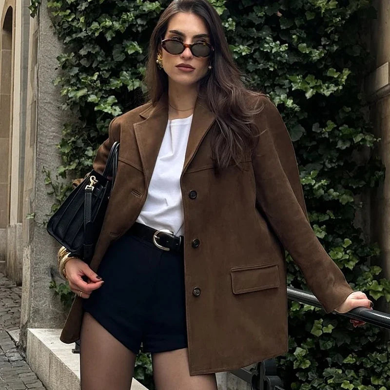Suède Elegance Dames Jas – Vintage Bruin Leren Demi-Seizoen Look