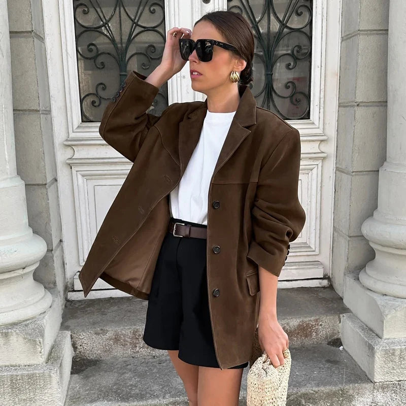 Suède Elegance Dames Jas – Vintage Bruin Leren Demi-Seizoen Look
