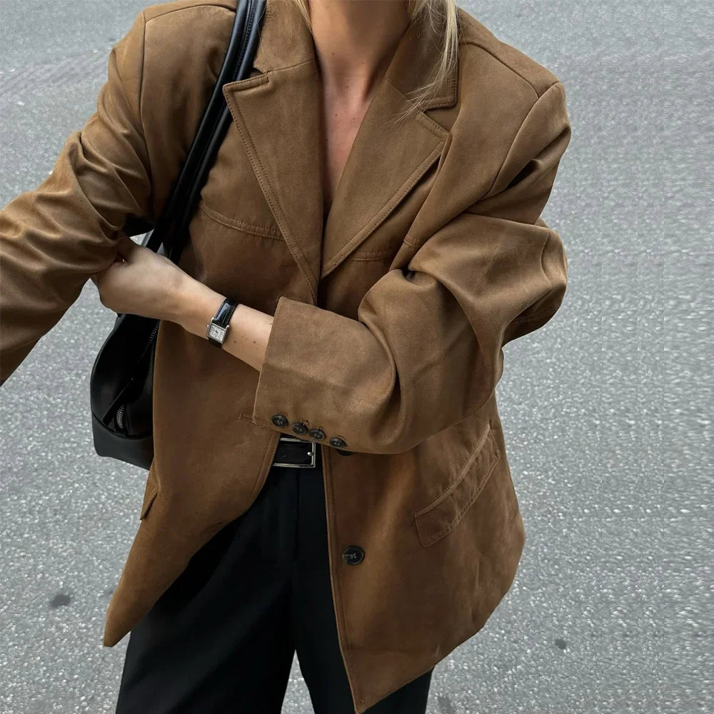 Suède Elegance Dames Jas – Vintage Bruin Leren Demi-Seizoen Look