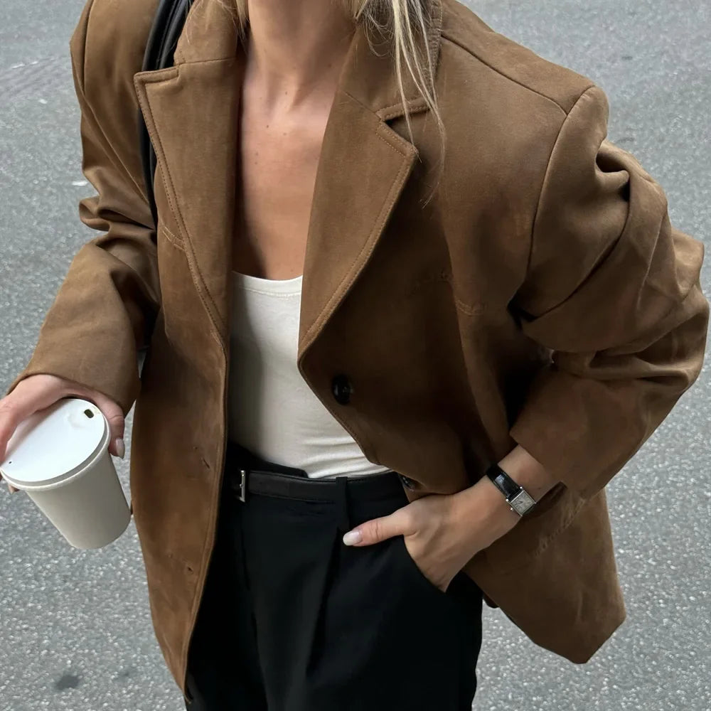 Suède Elegance Dames Jas – Vintage Bruin Leren Demi-Seizoen Look