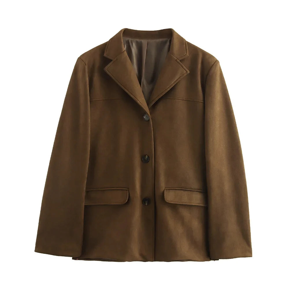 Suède Elegance Dames Jas – Vintage Bruin Leren Demi-Seizoen Look
