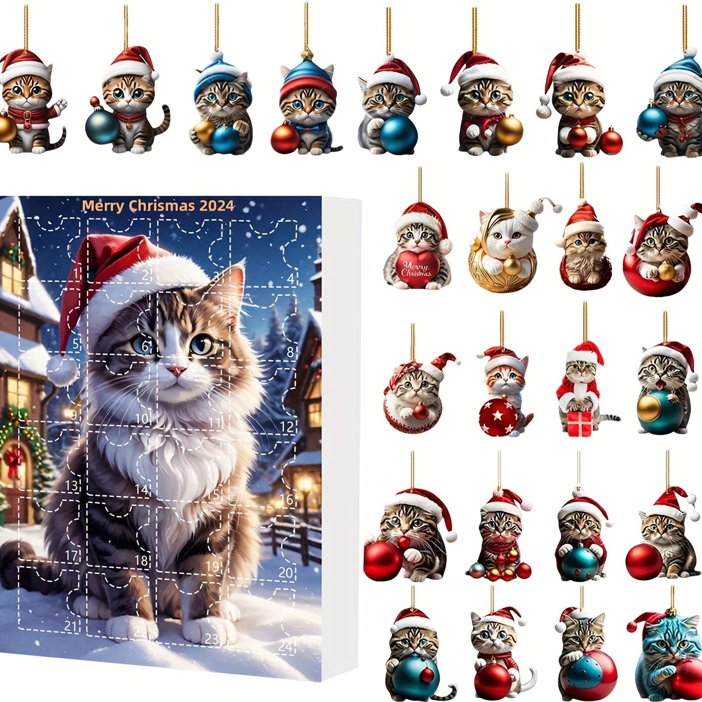 Adventskalender Kattenhangers 2025 – Vintage 24-Dagen Kerst Countdown met Acryl Ornamenten