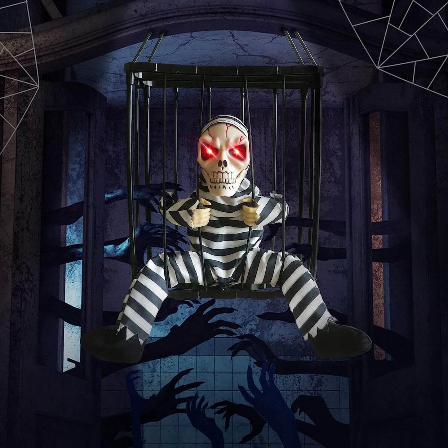 Halloween Decoratie – Beweegbare Gevangene in Kooi met Geluid en Bewegingssensor