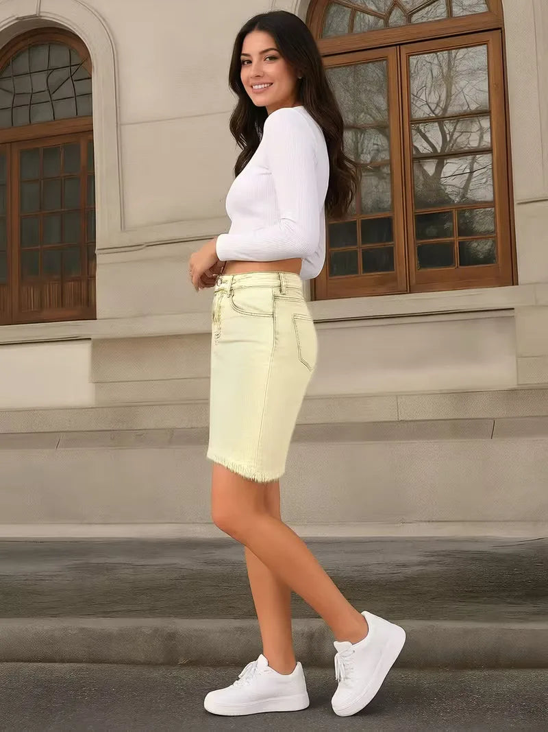Dames Roze Denim Mini Rok met Hoge Taille en Rafelige Zoom
