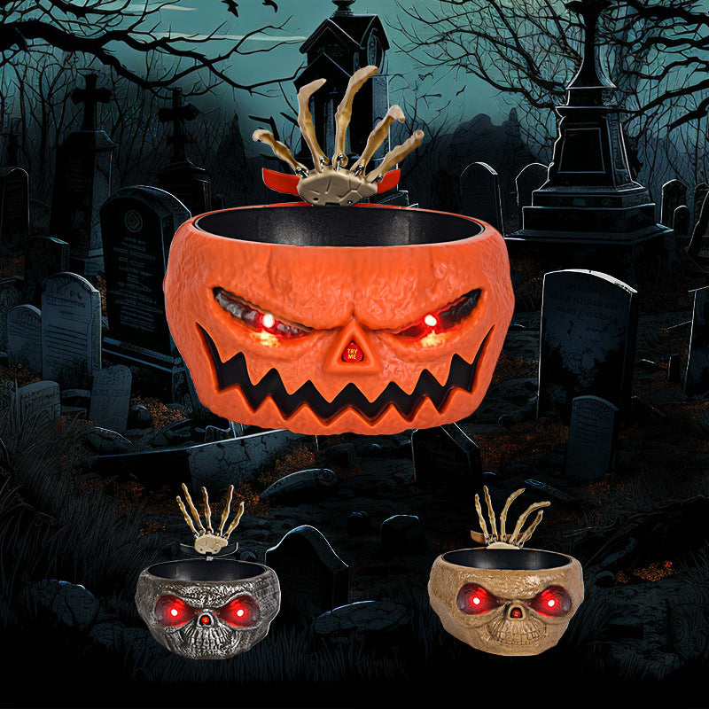 Halloween Snoepschaal – Motion Sensor Pompoen Kom met Skelettenhand en Rode Lichteffecten