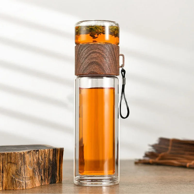 Thermofles met Theefilter – Glas & Hout – Dubbelwandig – 500 ml – ClearTherm