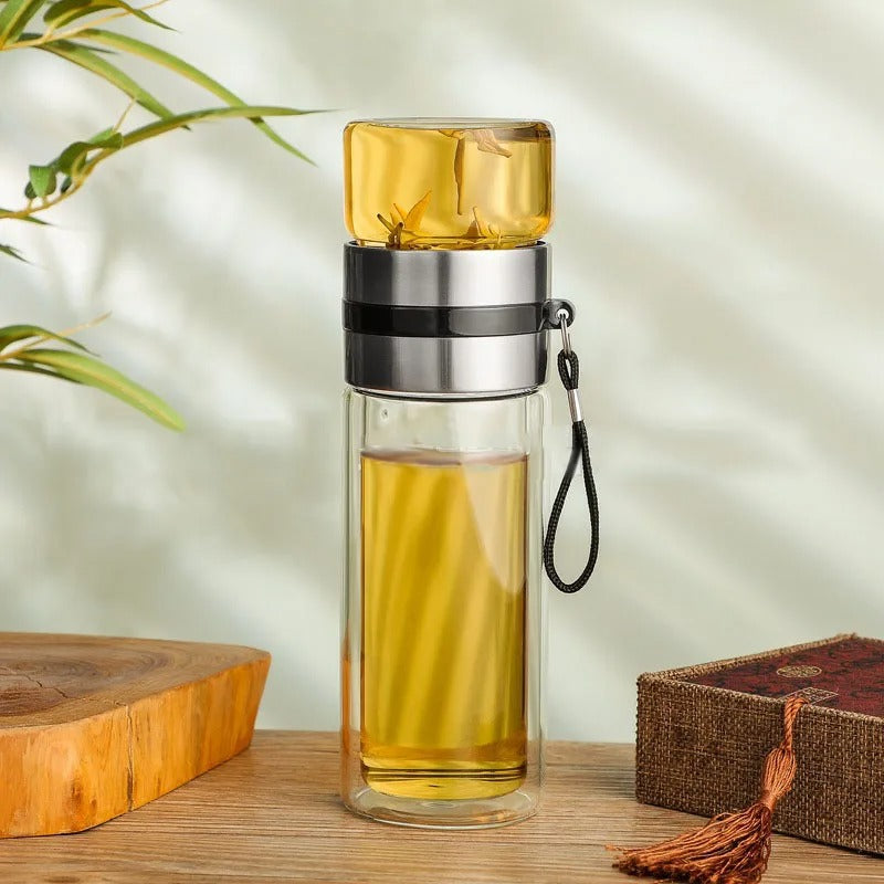 Thermofles met Theefilter – Glas & Hout – Dubbelwandig – 500 ml – ClearTherm