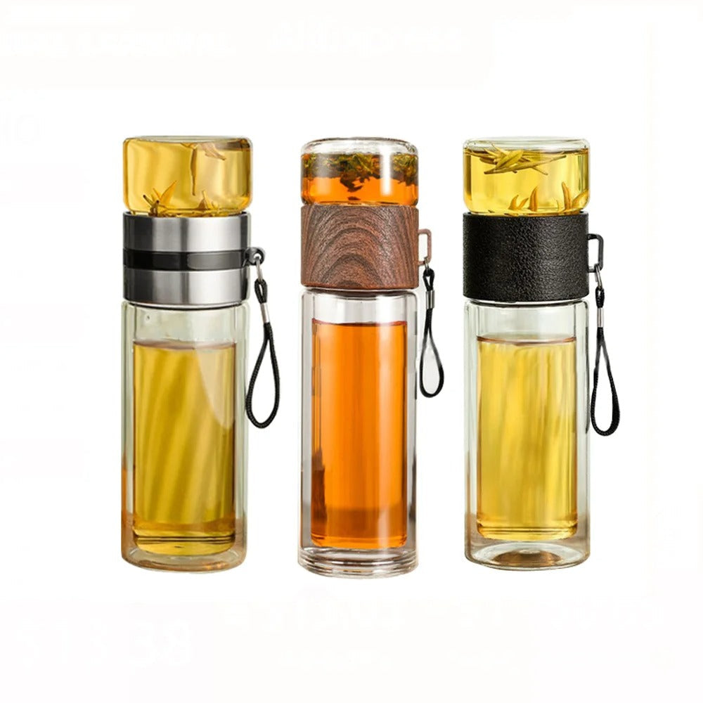Thermofles met Theefilter – Glas & Hout – Dubbelwandig – 500 ml – ClearTherm