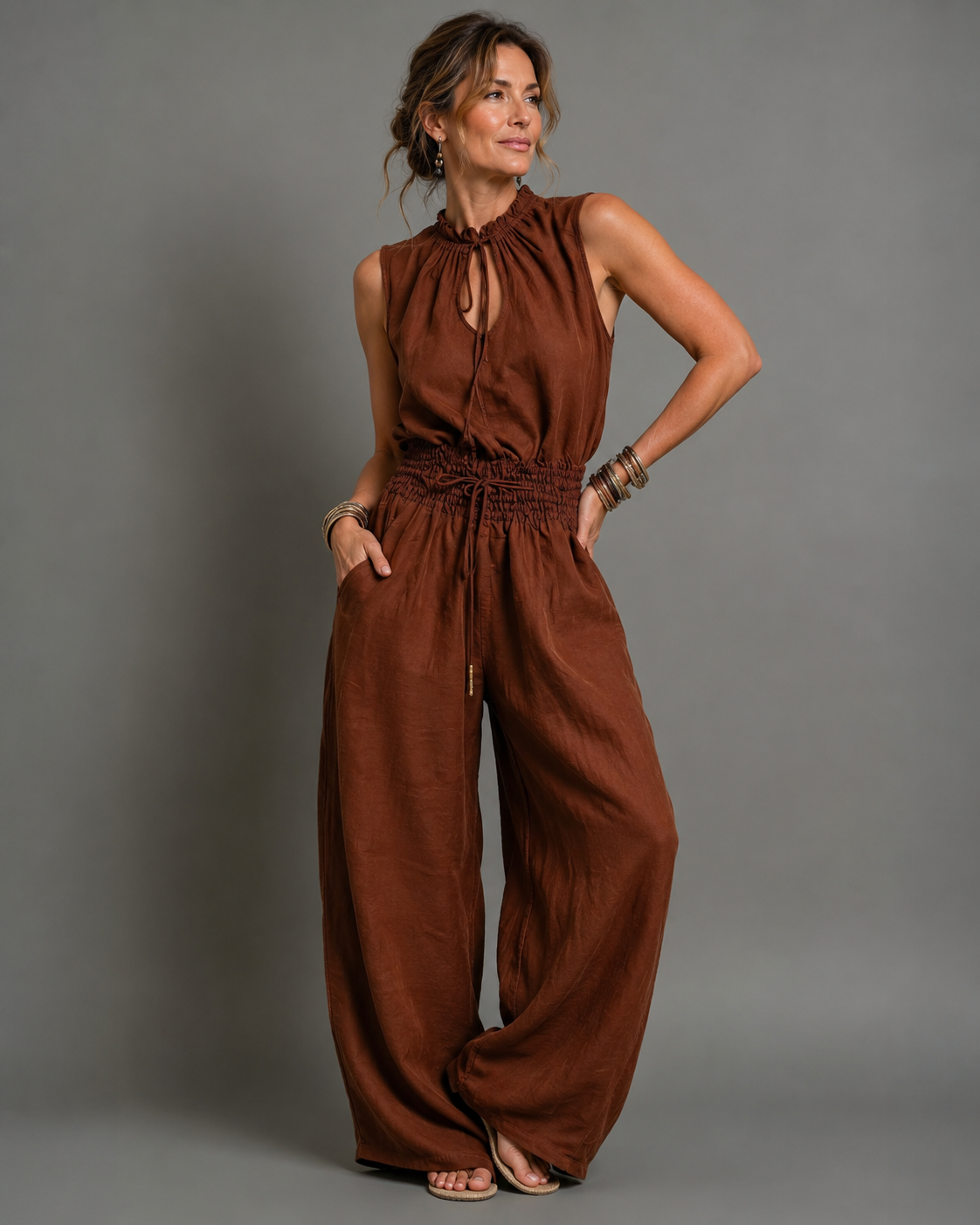 Elegante Mouwloze Jumpsuit met Wijde Pijpen - Verstelbare Taille