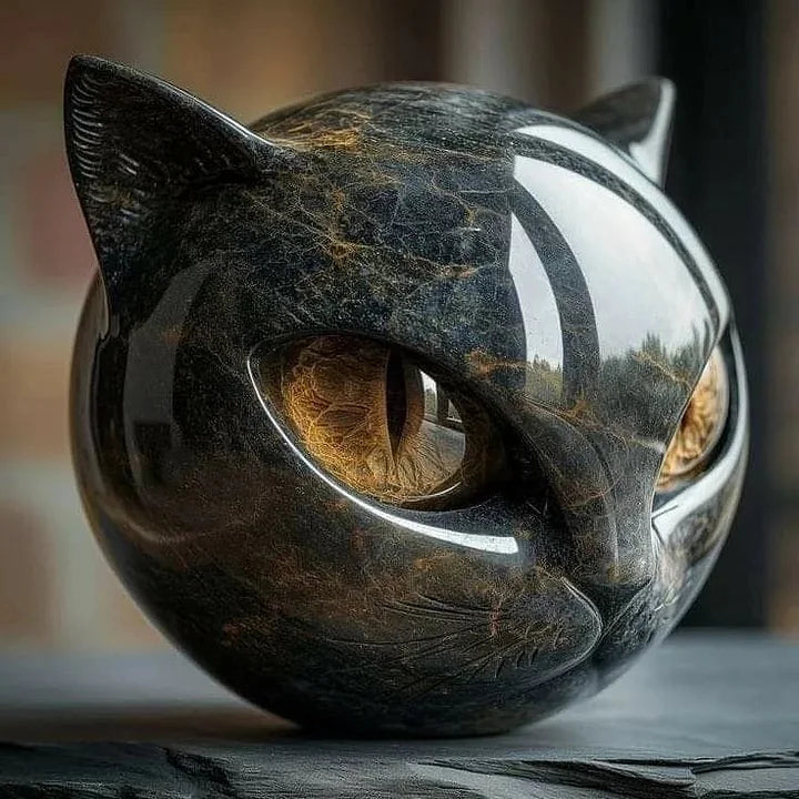 NoirCat Sculptuur – Zwart Kattenhoofd met Hypnotiserende Ogen