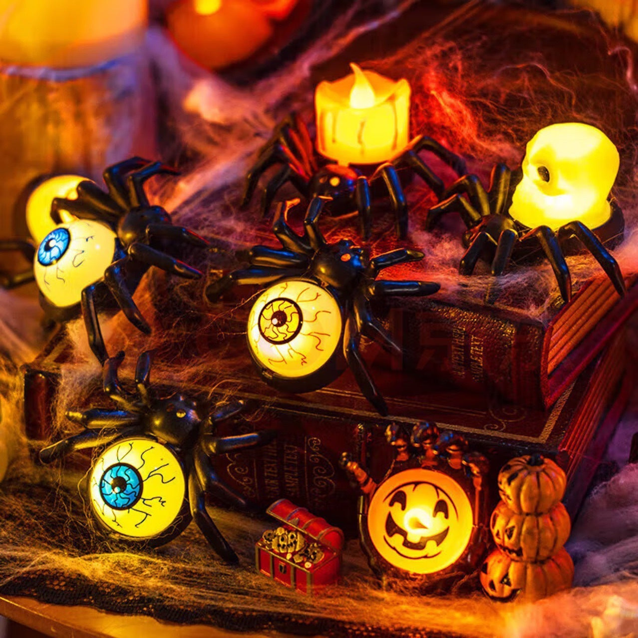 Halloween Decoratie – Spinrug Ornament met Kaars- en Oogbaldesigns