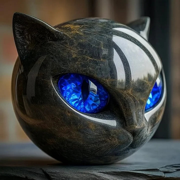 NoirCat Sculptuur – Zwart Kattenhoofd met Hypnotiserende Ogen