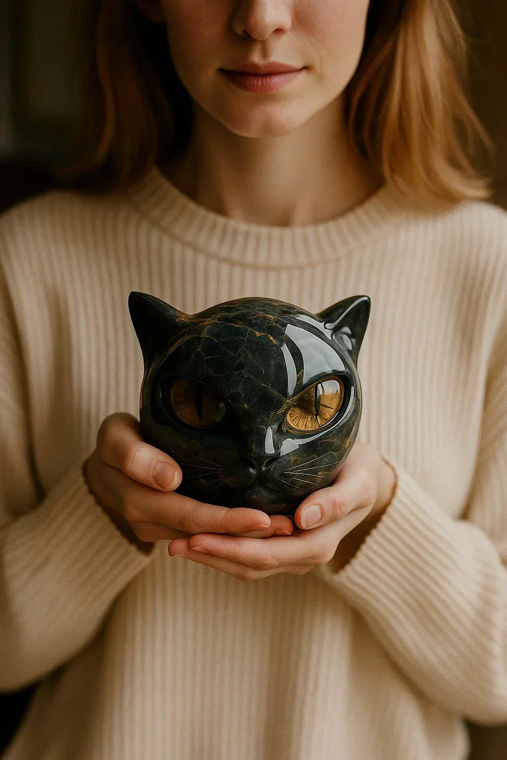 NoirCat Sculptuur – Zwart Kattenhoofd met Hypnotiserende Ogen