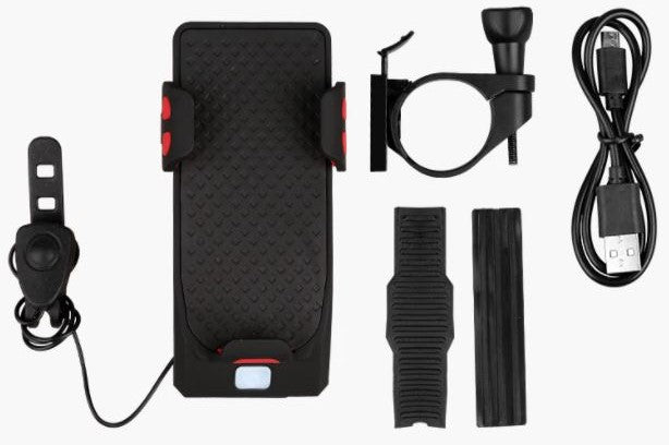 4-in-1 Fietsgadget – Telefoonhouder, Powerbank, LED Verlichting en Claxon