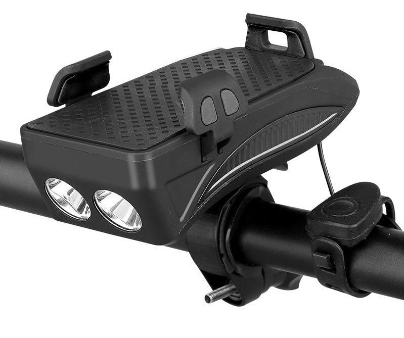 4-in-1 Fietsgadget – Telefoonhouder, Powerbank, LED Verlichting en Claxon