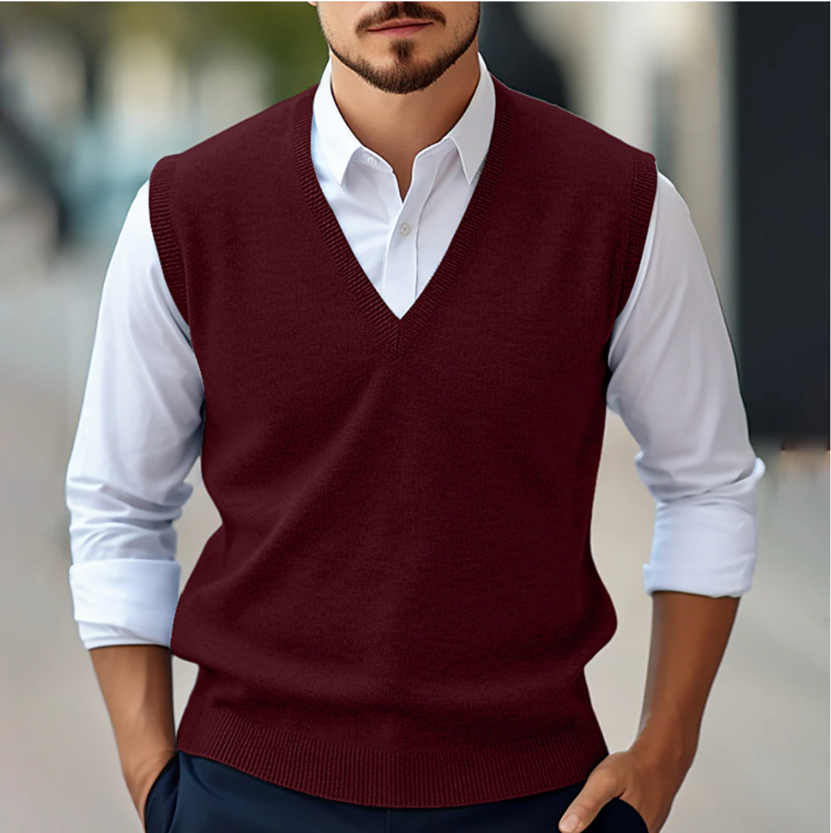 Heren Mouwloze Trui KnitVibe – Zachte Textuur, V-Hals en Comfortabel