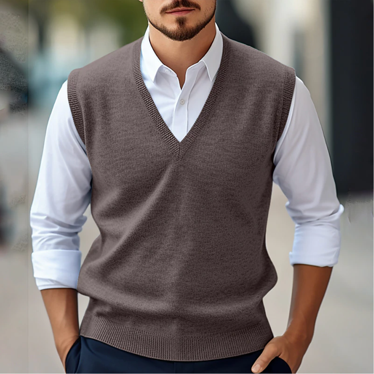 Heren Mouwloze Trui KnitVibe – Zachte Textuur, V-Hals en Comfortabel