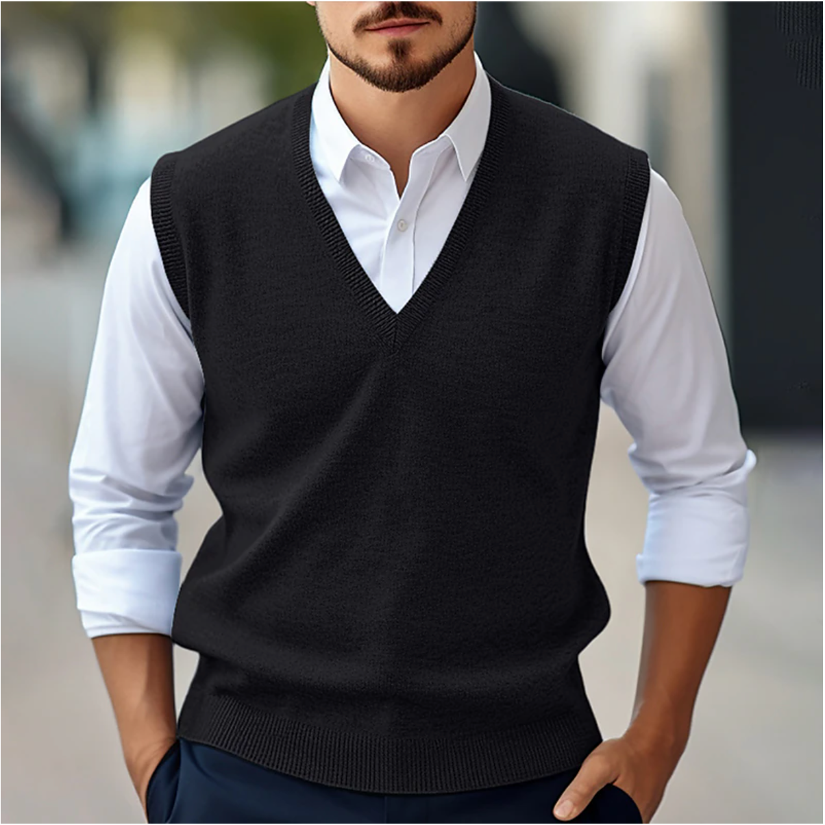 Heren Mouwloze Trui KnitVibe – Zachte Textuur, V-Hals en Comfortabel