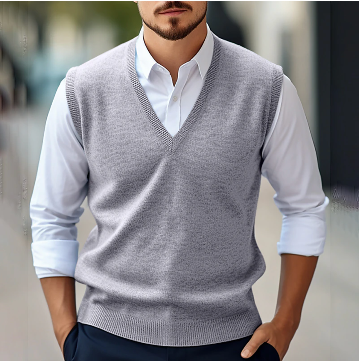 Heren Mouwloze Trui KnitVibe – Zachte Textuur, V-Hals en Comfortabel
