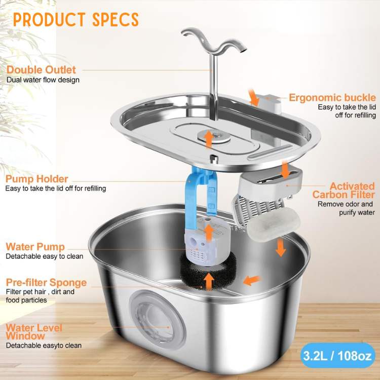 Katten Waterfontein van Roestvrij Staal – Stil, Hygiënisch en BPA-vrij – 2L Capaciteit