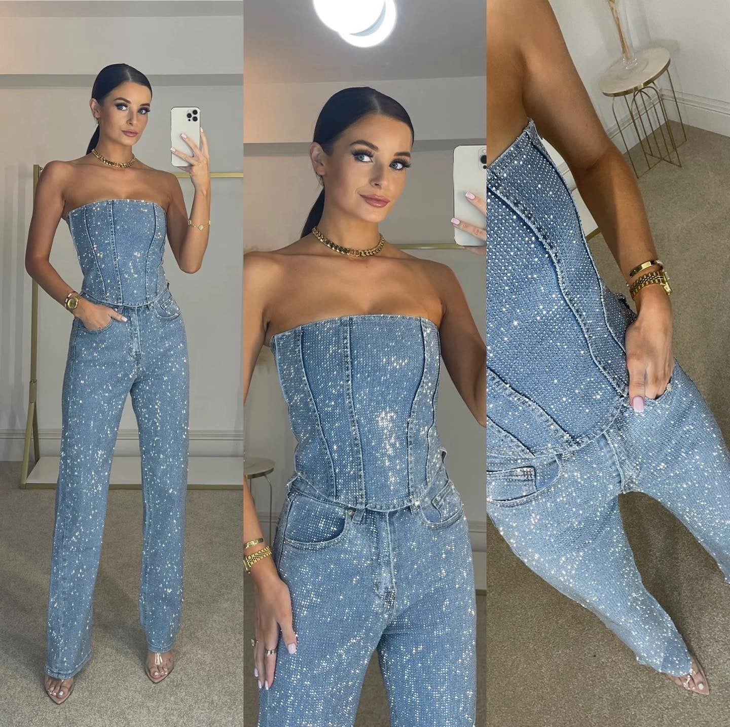 Liora Glitter Set – Glinsterende damesoutfit met top en hoge taille jeans