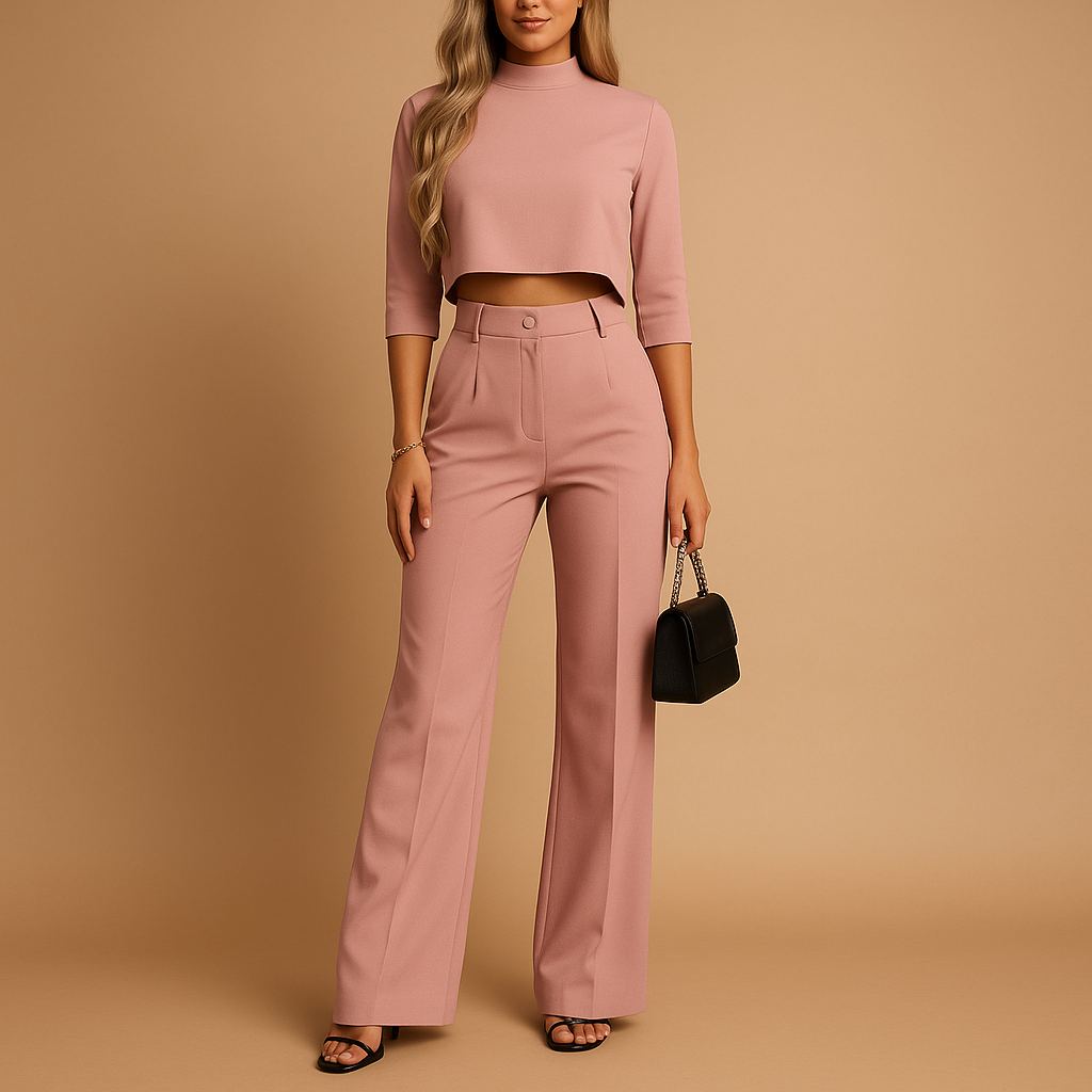 Herfstlicht Tweedelige Dames Set – Cropped Top en Getailleerde Broek met Elastische Tailleband
