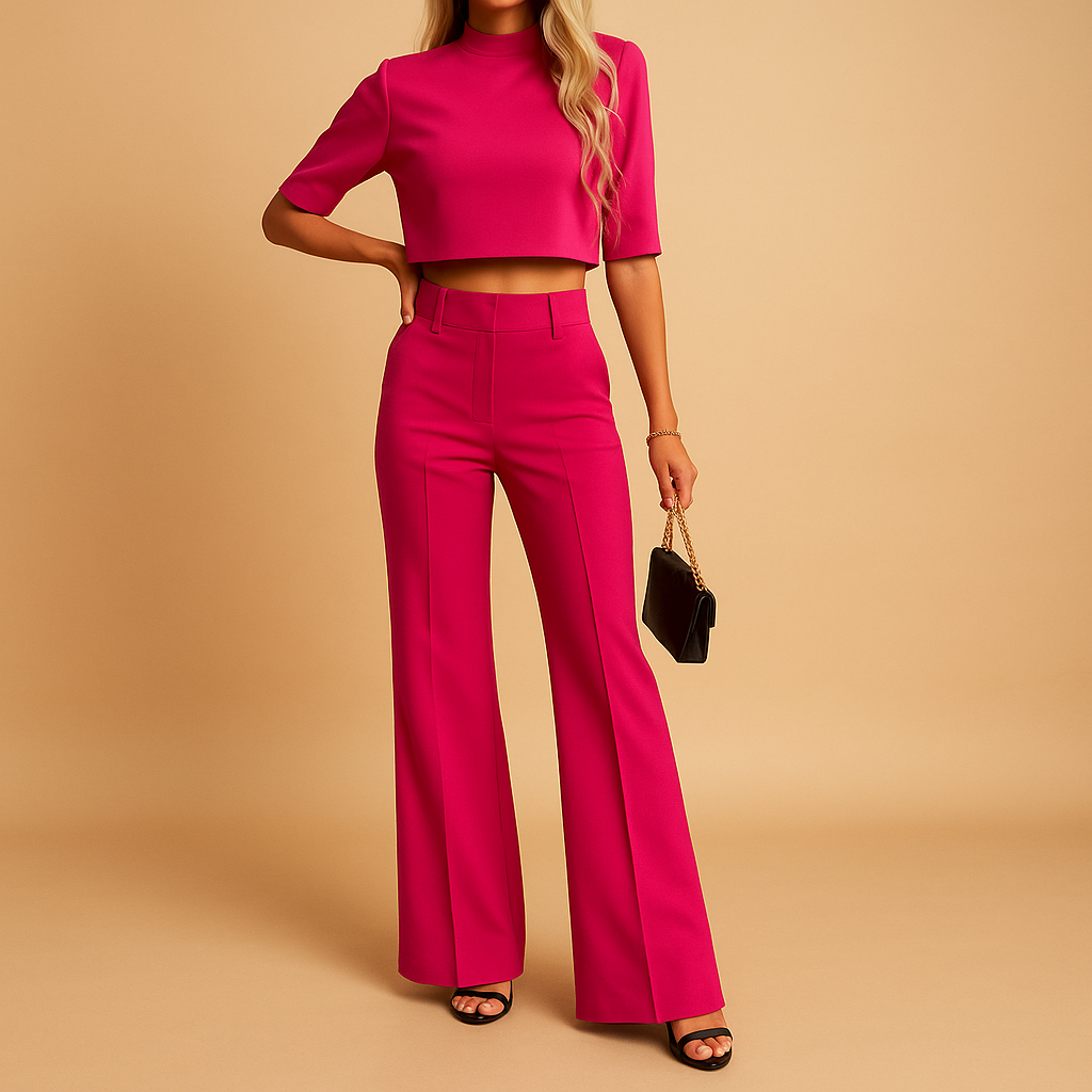 Herfstlicht Tweedelige Dames Set – Cropped Top en Getailleerde Broek met Elastische Tailleband