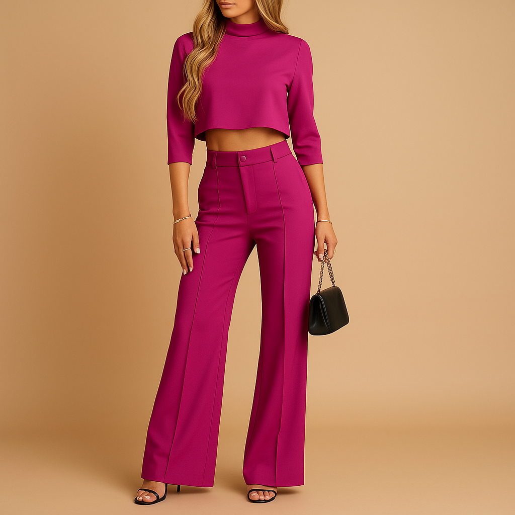 Herfstlicht Tweedelige Dames Set – Cropped Top en Getailleerde Broek met Elastische Tailleband