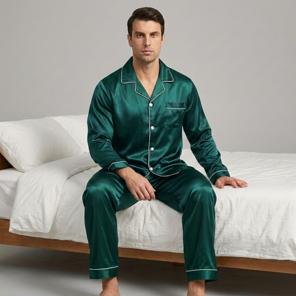 Satijnen heren pyjamaset met contrastbies - klassieke nachtkleding