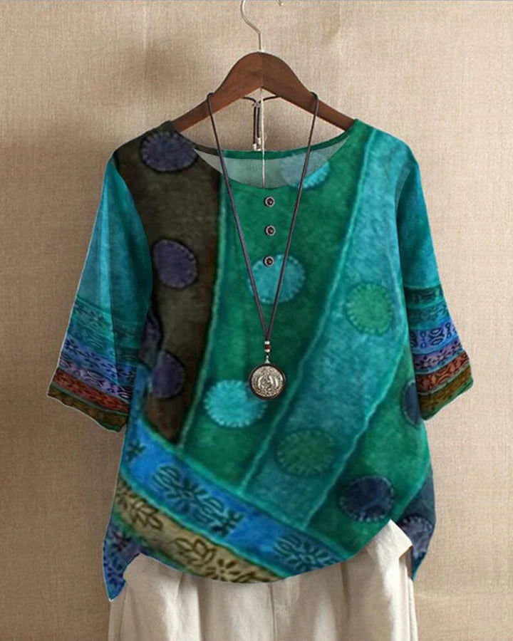 BohoFlair – Dames Vintage Blouse met Losse Pasvorm en Kleurrijk Patroon