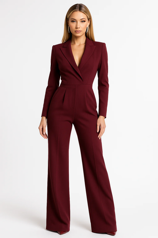 Dames Jumpsuit met V-hals en Wijde Pijpen – Elegante Getailleerde Pasvorm Model Elara