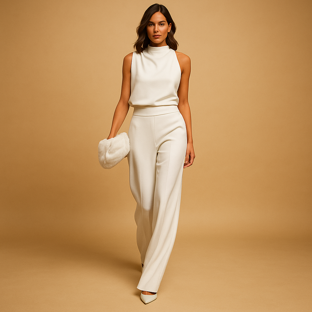Isabelle Elegante Dames Jumpsuit – Hoge Taille en Wijde Pijpen met Strikdetail