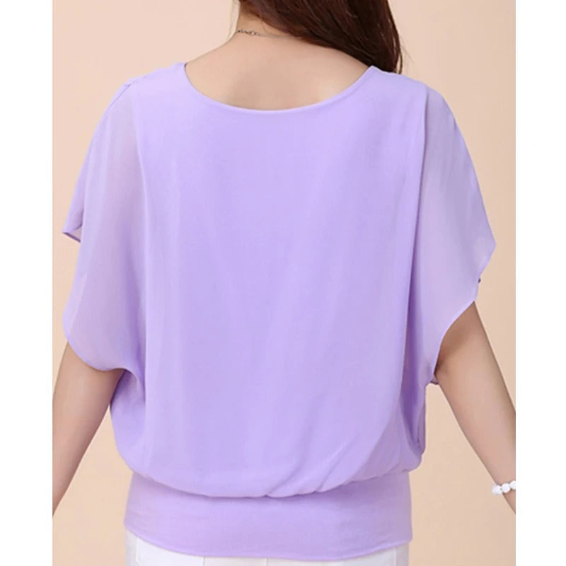 Elegante Dames Chiffon Blouse met Ruches en Vleermuismouwen – Luchtig en Stijlvol