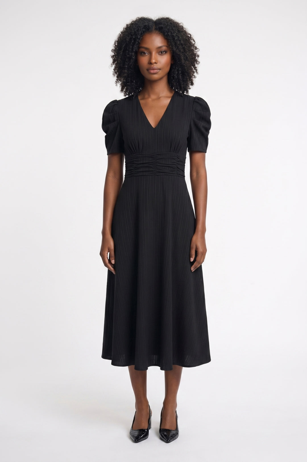 Elegante Midi Jurk met Pofmouwen - Getailleerd V-hals Design