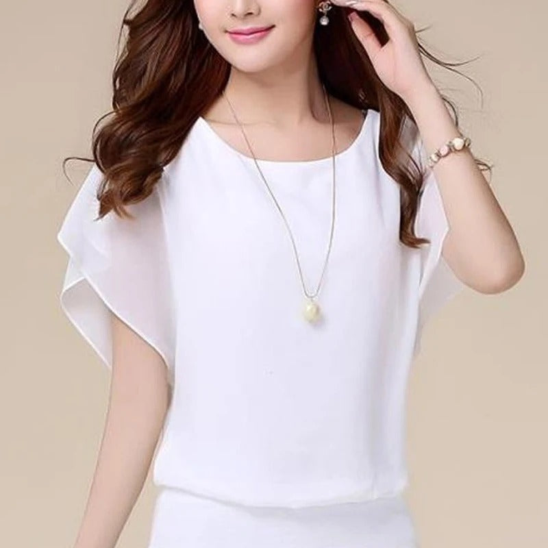 Elegante Dames Chiffon Blouse met Ruches en Vleermuismouwen – Luchtig en Stijlvol