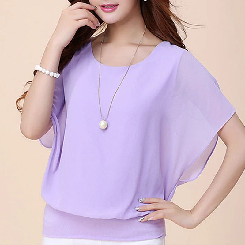 Elegante Dames Chiffon Blouse met Ruches en Vleermuismouwen – Luchtig en Stijlvol