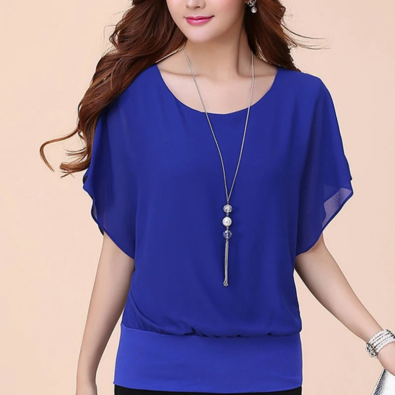 Elegante Dames Chiffon Blouse met Ruches en Vleermuismouwen – Luchtig en Stijlvol