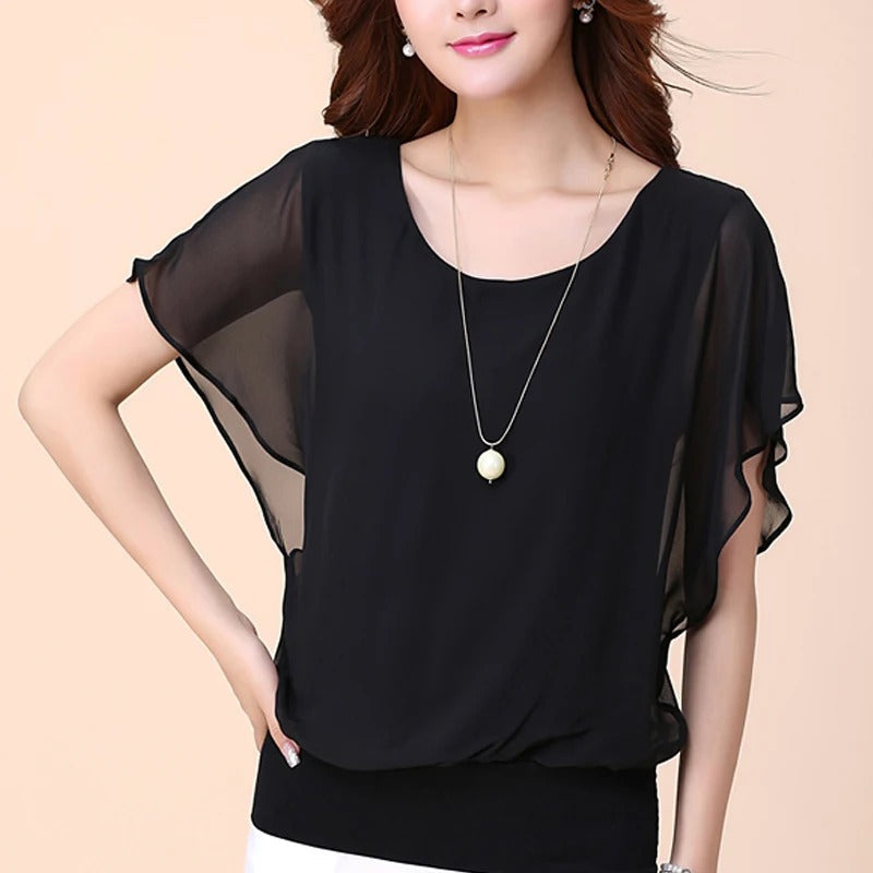 Elegante Dames Chiffon Blouse met Ruches en Vleermuismouwen – Luchtig en Stijlvol